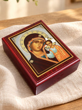 Load image into Gallery viewer, Virgin of Kazan Icon Box Wooden Rosary Prayer Beads Keepsake Box Religious Christian - Lined With Velvet - High Quality - Religious Gift Idea  5 1/16"
