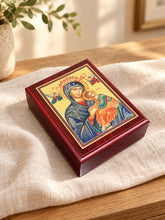 Load image into Gallery viewer, Perpetual Help Icon Box Wooden Rosary Prayer Beads Keepsake Box Religious Christian - Lined With Velvet - High Quality - Religious Gift Idea  5 1/16"
