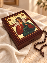 Load image into Gallery viewer, Christ The Good Shepherd Icon Box Wooden Rosary Prayer Beads Keepsake Box Religious Christian - Lined With Velvet - High Quality - Religious Gift Idea  5 1/16"
