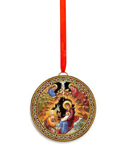 Load image into Gallery viewer, Nativity and Virgin Mary With Christ -  2 Sided Car Room Christmas Tree Pendant Ornament - Orthodox Catholic - Reversible Car Room Icon Ornament Pendant   - 2 Inch Diam on Red Ribbon
