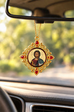 Load image into Gallery viewer, Christ The Teacher &amp; Perpetual Help - Set of 2 - Greek Gold Foiled Byzantine Christmas Icon Ornament and Room Decoration - Framed In Jeweled Frame, Decorated With Faux Crystals, 4 Inch
