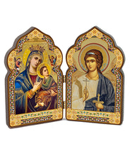 Load image into Gallery viewer, Miniature Church Dome Shape Diptych - Perpetual Help &amp; Guardian Angel - Wooden 4 Inch, Cross on the Front and Back , For Travel or Home Display
