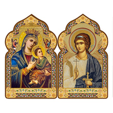 Load image into Gallery viewer, Miniature Church Dome Shape Diptych - Perpetual Help &amp; Guardian Angel - Wooden 4 Inch, Cross on the Front and Back , For Travel or Home Display
