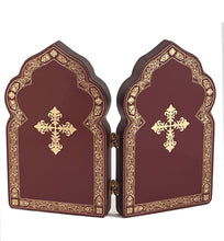 Load image into Gallery viewer, Miniature Church Dome Shape Diptych - Perpetual Help &amp; Guardian Angel - Wooden 4 Inch, Cross on the Front and Back , For Travel or Home Display
