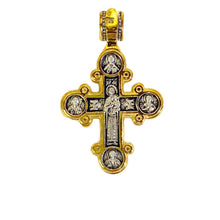 Load image into Gallery viewer, Sterling Silver 925 24kt Gold Plated Traditional Byzantine Style Lobed Cross With Crucifixion Archangels Michael and Gabriel Virgin Mary St John Beloved and More   1 3/8"x 7/8"
