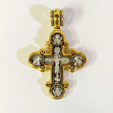 Load image into Gallery viewer, Sterling Silver 925 24kt Gold Plated Traditional Byzantine Style Lobed Cross With Crucifixion Archangels Michael and Gabriel Virgin Mary St John Beloved and More   1 3/8"x 7/8"
