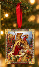 Load image into Gallery viewer, Nativity of Christ &amp; Guardian Angel Wooden Icon Christmas Ornaments - Gold Foiled  2 Sided - With Red Ribbon - Set of 2
