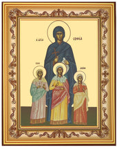Load image into Gallery viewer, Saints Sophia and Daughters Icon - FAITH, HOPE AND LOVE -  Byzantine Style Full Body Wall Hanging with Stand
