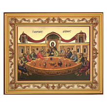 Load image into Gallery viewer, Last Supper  - Gold Gilded Byzantine Greek Icon - in Wooden Frame Decorated With Crosses Comes With Stand For Standing and Hook For Hanging on Wall 7 1/4"x5 3/4"
