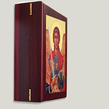 Load image into Gallery viewer, Saint Michael Framed in WALL Hanging Or TABLE  Box - Prayer Ropes, Beads, Jewelry Prayer Cards Anything Sacred  7 1/2 Inch
