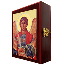 Load image into Gallery viewer, Saint Michael Framed in WALL Hanging Or TABLE  Box - Prayer Ropes, Beads, Jewelry Prayer Cards Anything Sacred  7 1/2 Inch
