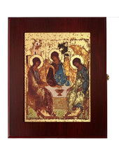 Load image into Gallery viewer, Silkscreen on Cotton Canvas - Gold Gilded Byzantine Greek Icon in Wall Hanging Sacred Framed Icon Box  Byzantine Greek Icon 7 1/2 Inch
