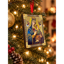 Load image into Gallery viewer, Nativity of Christ - Guardian Angel - Perpetual Help - Wooden Icon Christmas Ornaments - Gold Foiled  2 Sided - With Red Ribbon - Set of 3
