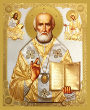 Load image into Gallery viewer, Saint Nicholas Icon - Gold Foil Wooden Icon 4 3/4 inch, With Hook For Hanging on Wall and Stand for Standing

