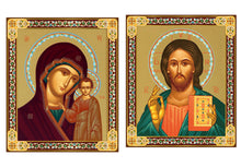 Load image into Gallery viewer, JC2526-XL Matching Icon Set Pair Wedding Icons  - Virgin of Kazan and Christ The Teacher -  Orthodox Catholic Wooden Icon Gold Foil 9 3/8"x8" inch, Wall Hanging &amp; Standing
