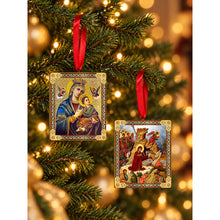 Load image into Gallery viewer, Nativity of Christ &amp; Perpetual Help Wooden Icon Christmas Ornaments - Gold Foiled  2 Sided - With Red Ribbon - Set of 2
