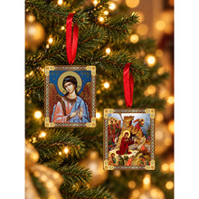 Load image into Gallery viewer, Nativity of Christ &amp; Guardian Angel Wooden Icon Christmas Ornaments - Gold Foiled  2 Sided - With Red Ribbon - Set of 2
