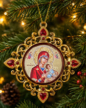 Load image into Gallery viewer, Christ The Teacher &amp; Perpetual Help - Set of 2 - Greek Gold Foiled Byzantine Christmas Icon Ornament and Room Decoration - Framed In Jeweled Frame, Decorated With Faux Crystals, 4 Inch
