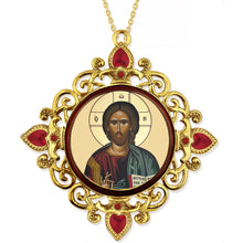Load image into Gallery viewer, Christ The Teacher &amp; Perpetual Help - Set of 2 - Greek Gold Foiled Byzantine Christmas Icon Ornament and Room Decoration - Framed In Jeweled Frame, Decorated With Faux Crystals, 4 Inch
