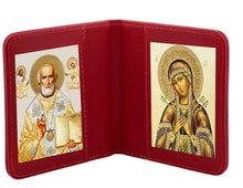 Load image into Gallery viewer, Traveling Icon Diptych - Book Saint Nicholas &amp; Seven Swords Virgin Mary - Traveling Faith - Leatherette Case 3 7/8" Gold Foiled Icons
