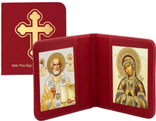 Load image into Gallery viewer, Traveling Icon Diptych - Book Saint Nicholas &amp; Seven Swords Virgin Mary - Traveling Faith - Leatherette Case 3 7/8" Gold Foiled Icons
