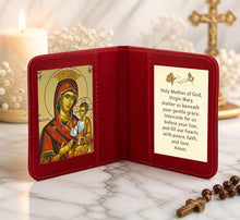 Load image into Gallery viewer, Traveling Icon Diptych - Book -  Virgin Mary and Christ &amp; Virgin Mary Prayer - Traveling Faith - Greek Byzantine Icon Gold Foiled - Leatherette Case - Pocket Size 3 7/8 Inch tall
