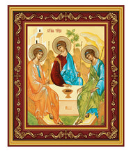 Load image into Gallery viewer, R32 Holy Trinity - Gold Foil Icon in Burgundy Frame Decorated With Crosses - Wall hanging and Comes With Its Stand 5 1/2 inch Tall
