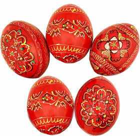 Set of 5 RED Ukrainian Pysanky Hand Painted Wooden Eggs