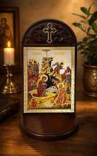Load image into Gallery viewer, Nativity of Christ Icon in Wooden Shrine for Candle, Holy Water Bottle Holder or Prayer Rope
