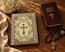 Load image into Gallery viewer, TBC-20 Jesus Prayer Bible Cover Pouch Three Bar Cross ICXC Dove  - Large  - Also for Ipad, Books, Journals - Reversible  11" Wide - Lord Jesus Christ, Son of God, Have Mercy on me a Sinner - Beige Gold Burgundy
