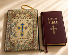 Load image into Gallery viewer, TBC-20 Jesus Prayer Bible Cover Pouch Three Bar Cross ICXC Dove  - Large  - Also for Ipad, Books, Journals - Reversible  11" Wide - Lord Jesus Christ, Son of God, Have Mercy on me a Sinner - Beige Gold Burgundy
