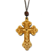 Load image into Gallery viewer, Small Wooden Icon Cross Crucifix on Rope Save Us on the Back
