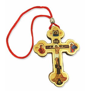 Small Wooden Icon Cross Crucifix on Rope Save Us on the Back