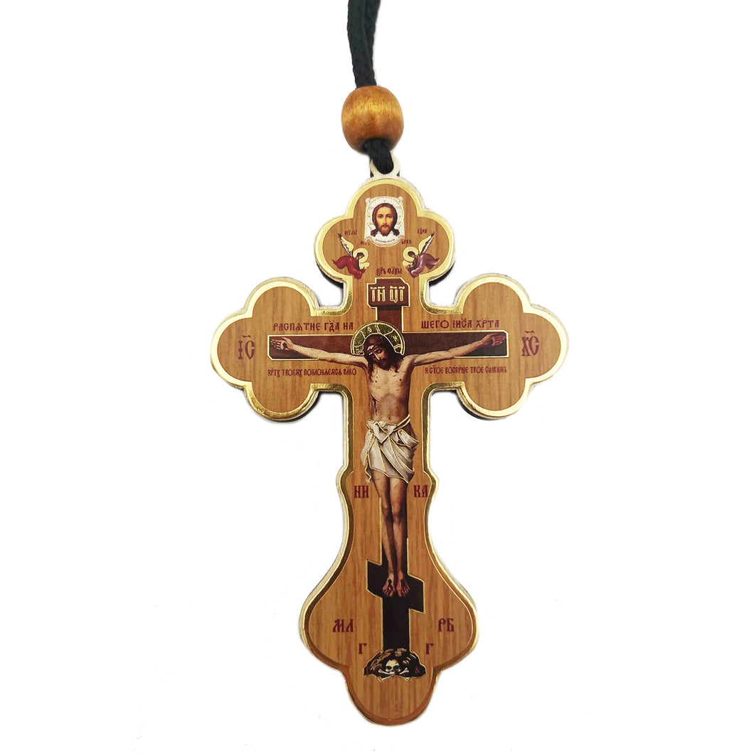 Small Wooden Icon Cross Crucifix on Rope Save Us on the Back