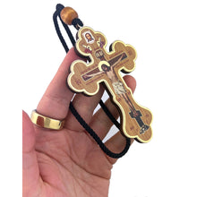 Load image into Gallery viewer, Small Wooden Icon Cross Crucifix on Rope Save Us on the Back
