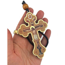 Load image into Gallery viewer, Small Wooden Icon Cross Crucifix on Rope Save Us on the Back
