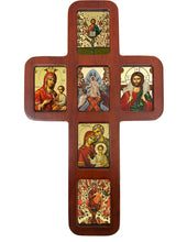 Load image into Gallery viewer, Greek Icon Cross - 14 Inch Oak Wood -  Icons are Gold Foiled
