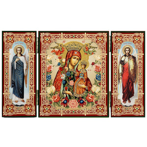 Crowned Virgin Mary Icon Triptych With Archangels Michael and Gabriel - Gold Foil