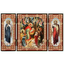 Load image into Gallery viewer, Nativity of Christ Icon Triptych With Archangels Michael and Gabriel - Gold Foil
