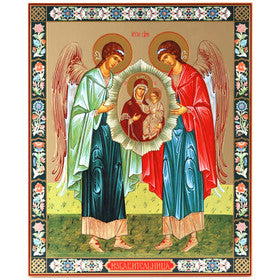 Archangels Holding Icon Of Virgin the Deliverer with Christ Gold and Silver Foiled Russian Icon 15 7/8"x13 1/8"