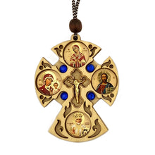 Load image into Gallery viewer, Wooden Icon Cross for Car or Room on Rope - Icons - Seven Swords Virgin of Kazan Christ and St Nicholas 3 1/4"
